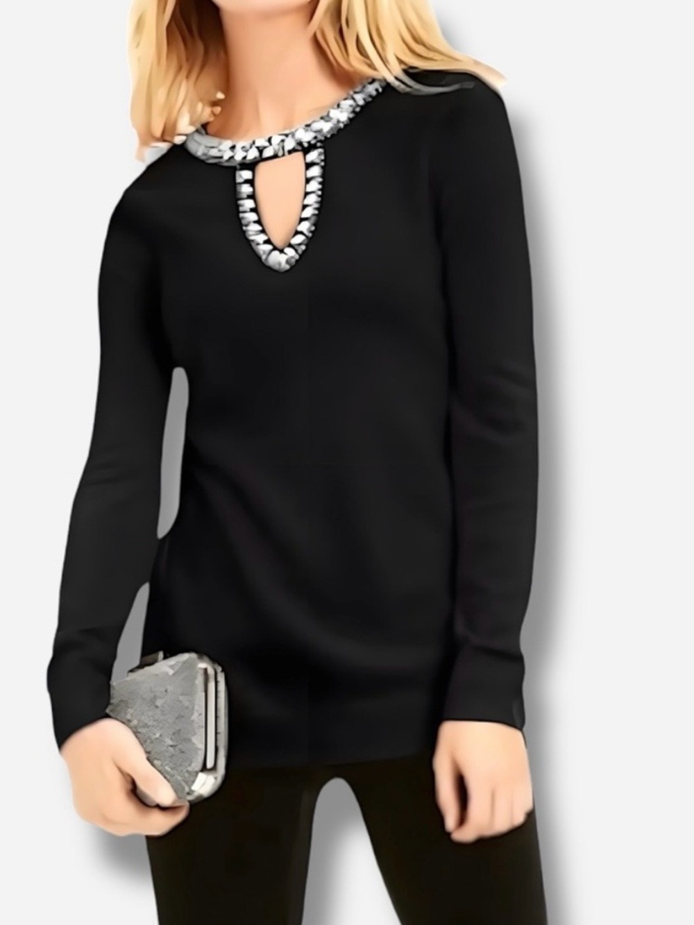 NWT INC Black Long-Sleeve Jewel Keyhole Sweater sz M